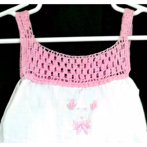 Newborn Baby Romper Homemade White Feed Sack with Pink Crochet Antique Garment - Picture 2 of 3